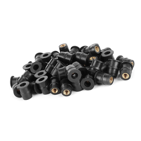 Heavy Duty M5 Rubber Nuts Featuring Brass Captive Cores For Motorcycle And Atv Windscreen Bolt Up Job Delivers Rock Solid Vibration Dampening and Reliable Rain Blockin For Kickass Street Runs In Fifty Count Bag, showing a pile of black rubber fasteners.
