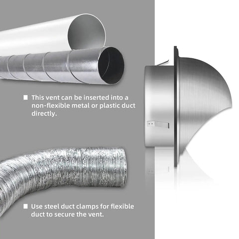 4-Inch Round Stainless Steel Dryer Vent Cover Grill Hood for Home Use with Easy Install Rubber Ring shown with ducts