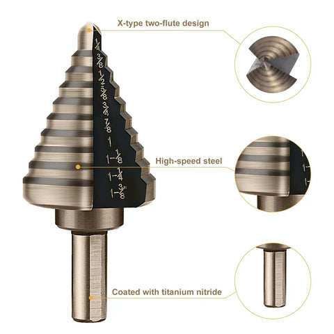 Heavy Duty 5 Piece Titanium Coated Step Drill Bit Set for Wood Plastic Aluminum with High Speed Steel Bits Cone Unibit Drills