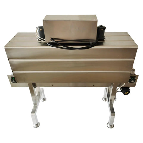Dinenovate Automatic Heat Shrink Labeling Machine For Pvc Pp Pof Films Durable Stainless Steel Body, top view showing adjustable conveyor.