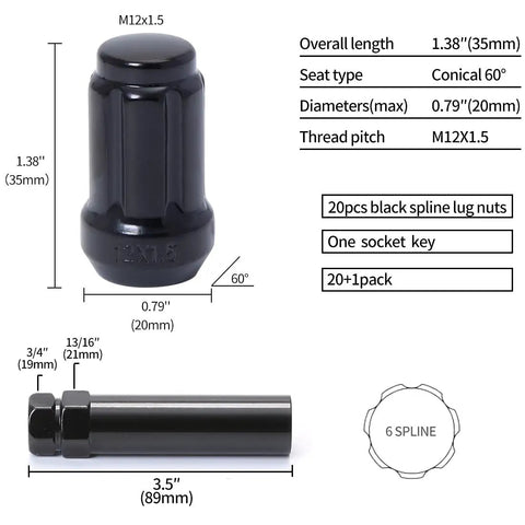Image showing M12x1.5 Lug Nuts Set Of 20 With Socket Key And Caps Closed End Bulge Lug Nuts 60 Degree Conical Seat dimensions.