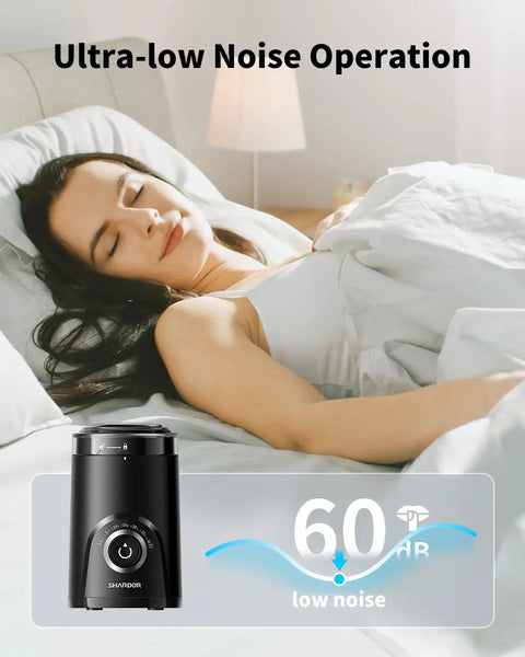 Electric Coffee Grinder With 70g Large Capacity And Visual Timing Knob showing quiet operation next to sleeping person.