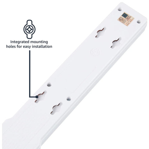 Back view of Six Outlet Surge Protector Power Strip With 790 Joules Three Line Surge Protection Circuit Breaker LED Indicator And Six Foot Extension Cord Ideal For Home Office And Entertainment Setup White showing mounting holes.