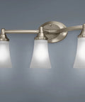 Eva 3 Light Brushed Nickel Vanity Light With Frosted Glass Dual Mount Bath Fixture for up or down install quick connect wiring
