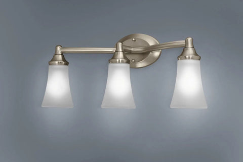 Eva 3 Light Brushed Nickel Vanity Light With Frosted Glass Dual Mount Bath Fixture for up or down install quick connect wiring
