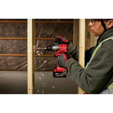 Using Heavy Duty Cordless Brushless Drill Driver With Snappy Autostop Response And Knockout All Metal Carbide Chuck on wooden beam.