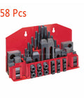 58 Piece Milling Machine Clamping Set for Milling Vices Heavy Duty Boss Grade Workholding Kit with M12 Accessories, High Precision, Rock Solid Clamp System for Secure, Quick Setup displayed on red holder