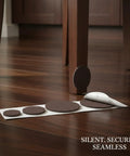 Round Self Adhesive Felt Furniture Pads For Hardwood Floors, brown pads attached to chair leg and on floor with backing.