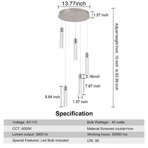 Specifications diagram of Five-Light Crystal Bubble Pendant Lights For Kitchen Island In Brushed Nickel, 3600 Lumens, Dimmable