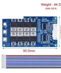 Built Different 8S 28V 28A Battery Management System Board with connectors, dimensions 90x49.5mm, displaying smart protection features.