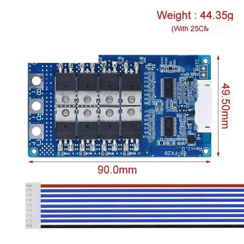 Built Different 8S 28V 28A Battery Management System Board with connectors, dimensions 90x49.5mm, displaying smart protection features.