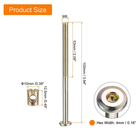 Bronze Color M6 Hex Socket Head Cap Screws And Barrel Nuts Set 4 5 10 Pack M6 X 80 90 100 110 120 Mm For Chairs Cots And Baby Beds Includes Wrench Easy DIY Friendly Heavy Duty Carbon Steel Hardware For Furniture Repair And Assembly shown with measurements for screws and nuts