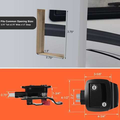 Rugged RV Entry Door Lock With Paddle Deadbolt 100 Percent Metal Camper Door Latch Handle Zinc Alloy RV Door Lock Replacement Kit for various RVs, black finish, shown installed with dimensions