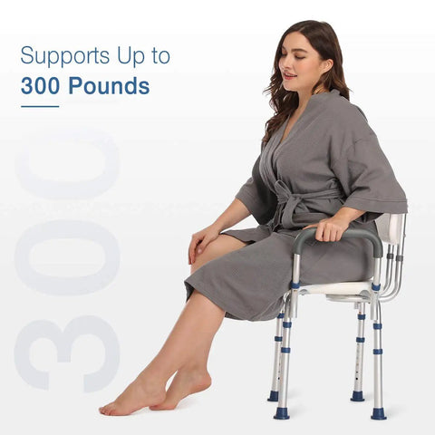 Woman sitting on Heavy Duty Bariatric Shower Chair for Inside Shower with 300 Lb Capacity Extra Wide Bath Bench
