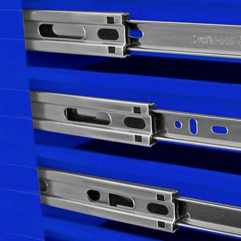 Close-up of 36 Inch 8 Drawer Blue Top Chest With Full Extension Ball Bearing Slides Gas Struts EVA Drawer Liners And Top Mat