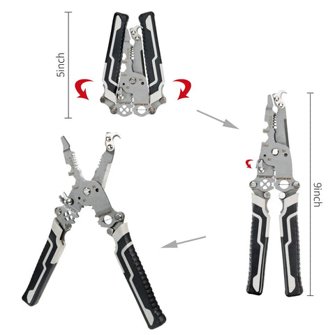 Rock Solid 18 In 1 Wire Stripper Foldable Cable Cutter And Precision Crimping Pliers with ergonomic grip, size 9 inches.