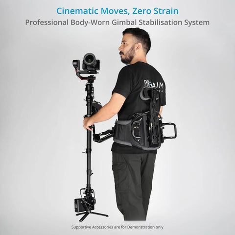Person using G Axis 10K Stabilizer Arm Vest System For Handheld Cameras And Gimbals, side view with carbon fiber post