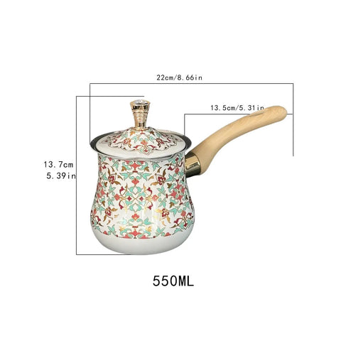 Stainless Steel Turkish Coffee Pot And Milk Warmer With Long Wooden Handle, Multipurpose Butter Melter, Kitchen Accessory, 550ml, Red Pattern