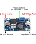 Front view of a Five Pack Adjustable Buck Converter Module 3 To 40V In, 1.5 To 35V Out DC-DC Step Down Power Supply with blue potentiometer.
