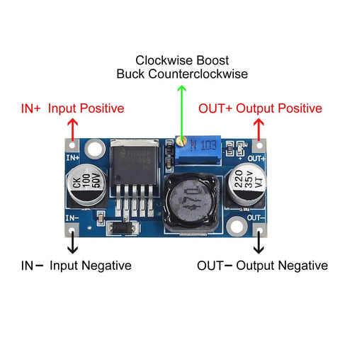Front view of a Five Pack Adjustable Buck Converter Module 3 To 40V In, 1.5 To 35V Out DC-DC Step Down Power Supply with blue potentiometer.