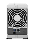 Back view of Slick Dual Bay Nas Server showing cooling fan, USB ports, and LAN connection for hassle free backup.