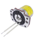 LBLYTO ABS pump motor assembly, front view; silver housing with yellow label and two white leads