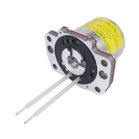 LBLYTO ABS pump motor assembly, front view; silver housing with yellow label and two white leads