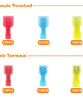 Image showing male and female terminals from the 112 Piece Nylon Spade Connector Kit With Quick Disconnects, color-coded.