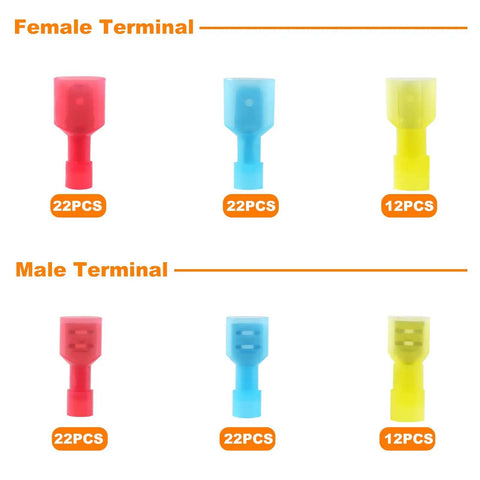 Image showing male and female terminals from the 112 Piece Nylon Spade Connector Kit With Quick Disconnects, color-coded.