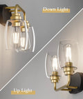 Two Light Sleek Industrial Black And Gold Vanity Light Fixture Over Mirror With Clear Glass Shades Dimmable