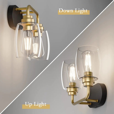 Two Light Sleek Industrial Black And Gold Vanity Light Fixture Over Mirror With Clear Glass Shades Dimmable