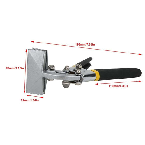Pro Grade Heavy Duty Sheet Metal Bender with straight and curved handle, showing dimensions, nickel-plated finish, comfort grip