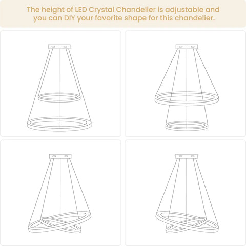 Diagram showing adjustable shapes of Modern Led Ring Chandelier With Gold Finish Aluminum Rings Crystal Acrylic Pendant Lights
