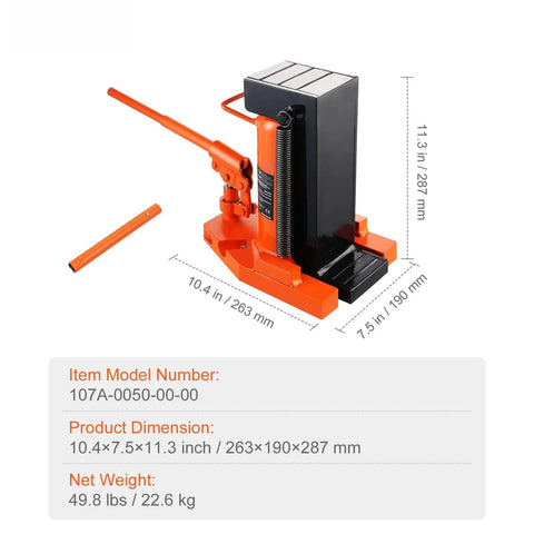 Heavy Duty Hydraulic Toe Jack Offering Five Ton Lift And Ten Ton Top Hoist For Shops And Factories, 10.4x7.5x11.3 inches.