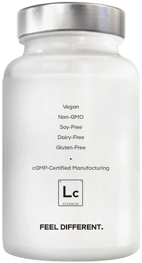 Lithium Calm Plus Supplement With Lithium Orotate, Magnesium Glycinate And Oxide, And L Theanine For Real Focus And Calm, Gluten Free Non GMO, 60 Capsules shown in a white bottle labeled vegan and non-GMO.