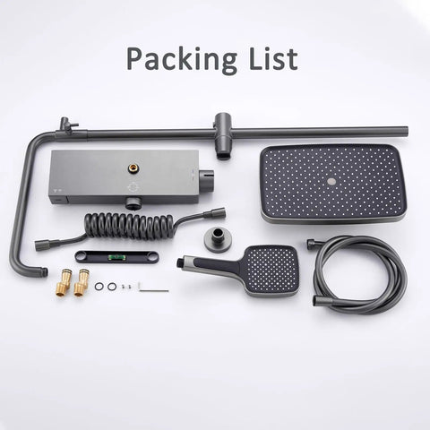 UMJIGF Shower System Thermostatic 4-Function Shower Faucet Set Wall Mount Shower Combo Set components on a table.