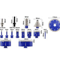 Premium Diamond Tile Hole Saw Kit With 15 Pieces Including Multi-Size Core Bits For Drilling Ceramic, Glass And Porcelain Tiles With Professional Cutting Discs And Adapters Included. Sizes shown: hex shank, SDS plus, 6-115mm diamond bits.