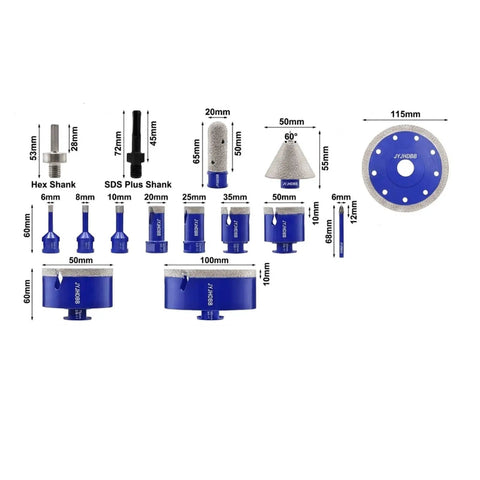 Premium Diamond Tile Hole Saw Kit With 15 Pieces Including Multi-Size Core Bits For Drilling Ceramic, Glass And Porcelain Tiles With Professional Cutting Discs And Adapters Included. Sizes shown: hex shank, SDS plus, 6-115mm diamond bits.