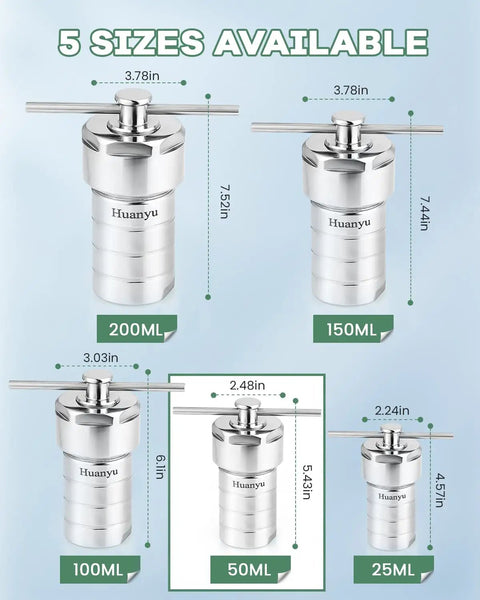 50ml PTFE Lined Hydrothermal Autoclave Reactor For Lab Use shown with other size options, stainless steel design layout.