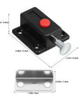 Eight Piece Spring Loaded Push Button Cabinet Latches with dimensions, ABS zinc alloy hardware for bathroom cabinets and doors.