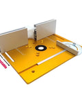 Universal Aluminum Router Table Insert Flip Plate with Pre Drilled Base and Miter Gauge Fence, adjustable for precise routing tasks.