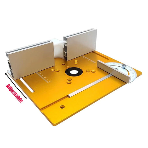 Universal Aluminum Router Table Insert Flip Plate with Pre Drilled Base and Miter Gauge Fence, adjustable for precise routing tasks.