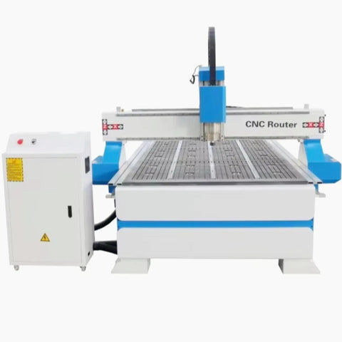 Front view of Pro Grade 4x8 CNC Wood Router With Vacuum Table And Press Roller For Cabinet Making And Furniture Fabrication Engraving