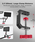 Built Like A Tank Aluminum Desk Camera Mount With Wide C Clamp Heavy Duty Table Rig For Dslr Video Cameras And Studio Lights showing 2.3" clamp.