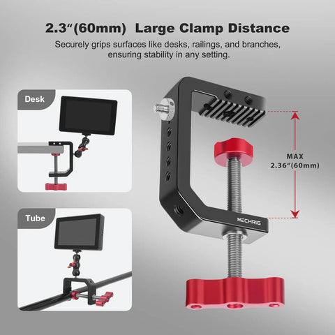 Built Like A Tank Aluminum Desk Camera Mount With Wide C Clamp Heavy Duty Table Rig For Dslr Video Cameras And Studio Lights showing 2.3" clamp.
