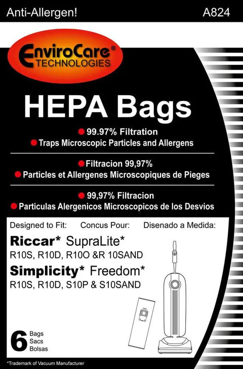 Packaging for Replacement HEPA Vacuum Bags For Riccar SupraLite And Simplicity Freedom Upright Vacuums 6 Pack