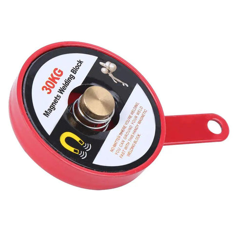Heavy Duty Magnet Welding Block That Grips Tight As Glue For Stable Positioning Clamps Grounding Tasks With Red Alloy Steel Build and plastic outer guard.
