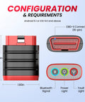All In One OBD2 Bluetooth Diagnostic Tool For iOS And Android with 16-pin connector, power, and fault lights, 2.36x1.90 inches.