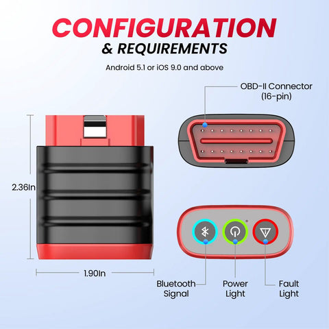 All In One OBD2 Bluetooth Diagnostic Tool For iOS And Android with 16-pin connector, power, and fault lights, 2.36x1.90 inches.