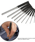 Roll Pin Punch Set 9 Piece Pro Grade Repair Tools Kit with Alloy Steel Pins lined up and hand using punch for removal